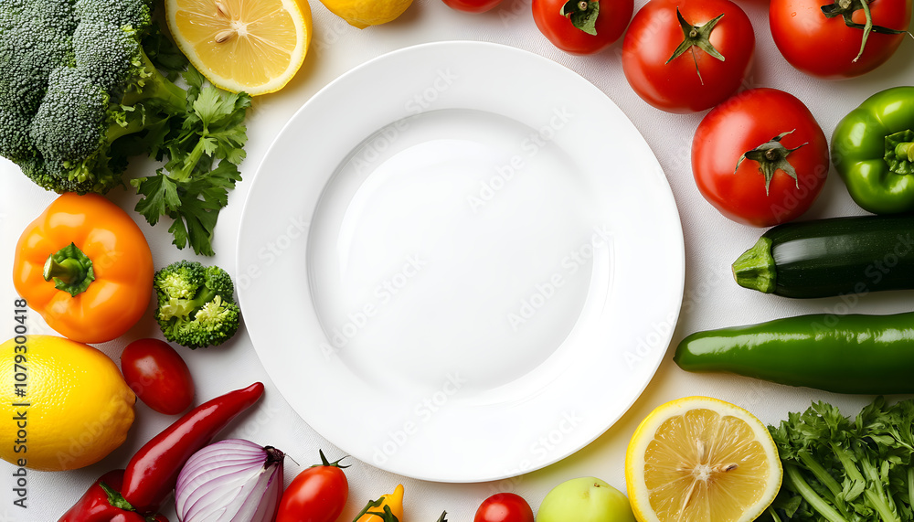 Empty White Plate Surrounded by Fresh Colorful Vegetables on Dark Background - Healthy Food Concept, AI GENERAT Empty White Plate Surrounded by Fresh Colorful Vegetables on Dark Background - Healthy Food Concept, AI GENERAT
