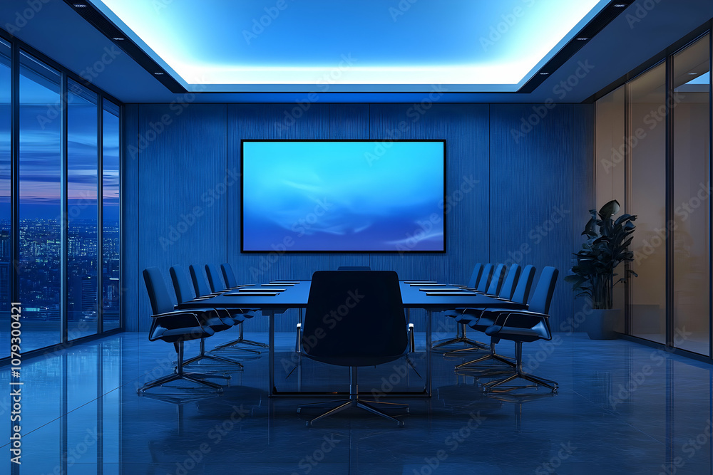 A modern conference room with a large display and stylish chairs inspires creativity A modern conference room with a large display and stylish chairs inspires creativity