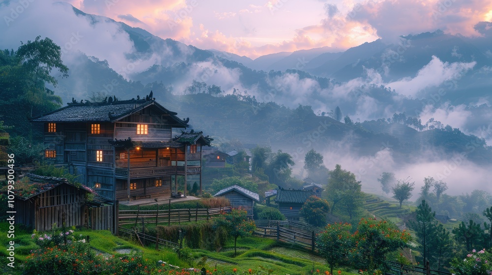 Obraz premium A traditional wooden house nestled in a misty mountain valley at sunrise.