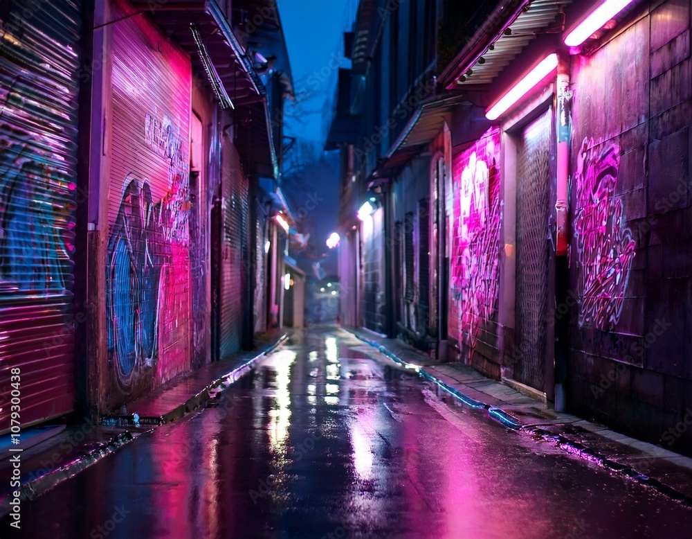 a wet dark alley lit by pink neon lights with graffiti on the walls a wet dark alley lit by pink neon lights with graffiti on the walls