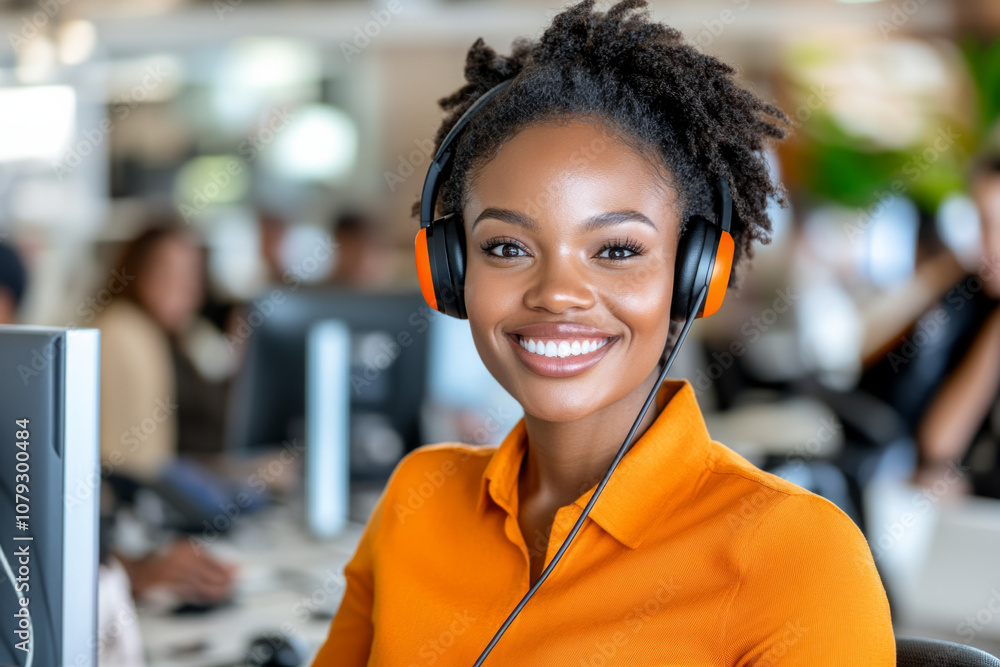 Professional woman in an orange shirt with headphones smiling at a desk Professional woman in an orange shirt with headphones smiling at a desk