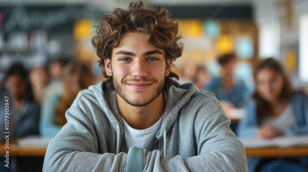 Bright and determined young man, showcasing intelligence and readiness, seated in a university classroom setting Bright and determined young man, showcasing intelligence and readiness, seated in a university classroom setting