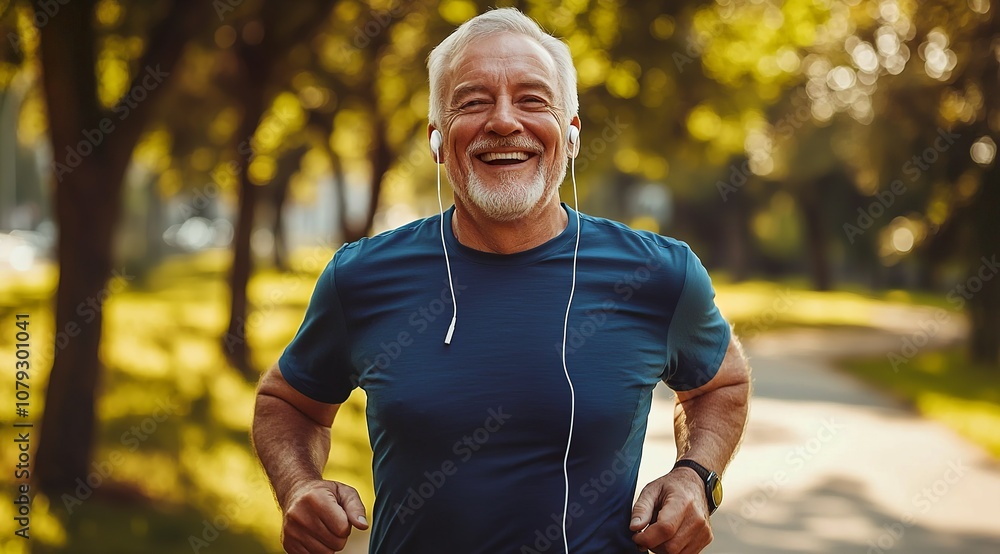 A smiling senior man in a blue t-shirt jogging in the park, wearing... A smiling senior man in a blue t-shirt jogging in the park, wearing...