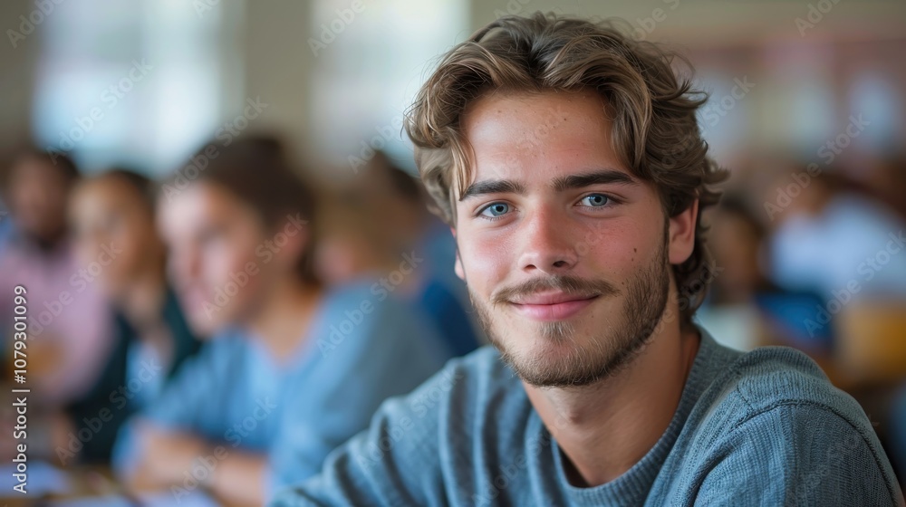Bright and determined young man, showcasing intelligence and readiness, seated in a university classroom setting Bright and determined young man, showcasing intelligence and readiness, seated in a university classroom setting