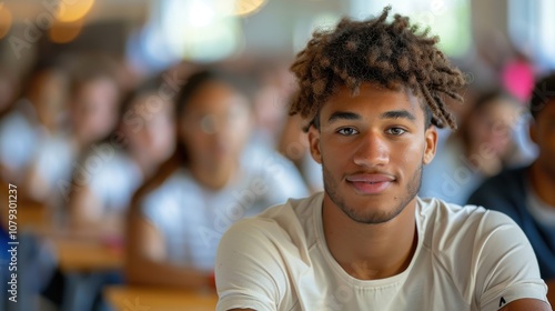 Bright and determined young man, showcasing intelligence and readiness, seated in a university classroom setting