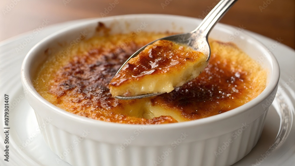 Spoon breaking caramelized top of crème brûlée Spoon breaking caramelized top of crème brûlée