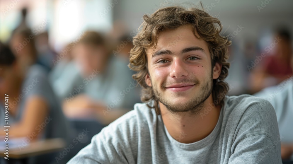 Bright and determined young man, showcasing intelligence and readiness, seated in a university classroom setting Bright and determined young man, showcasing intelligence and readiness, seated in a university classroom setting