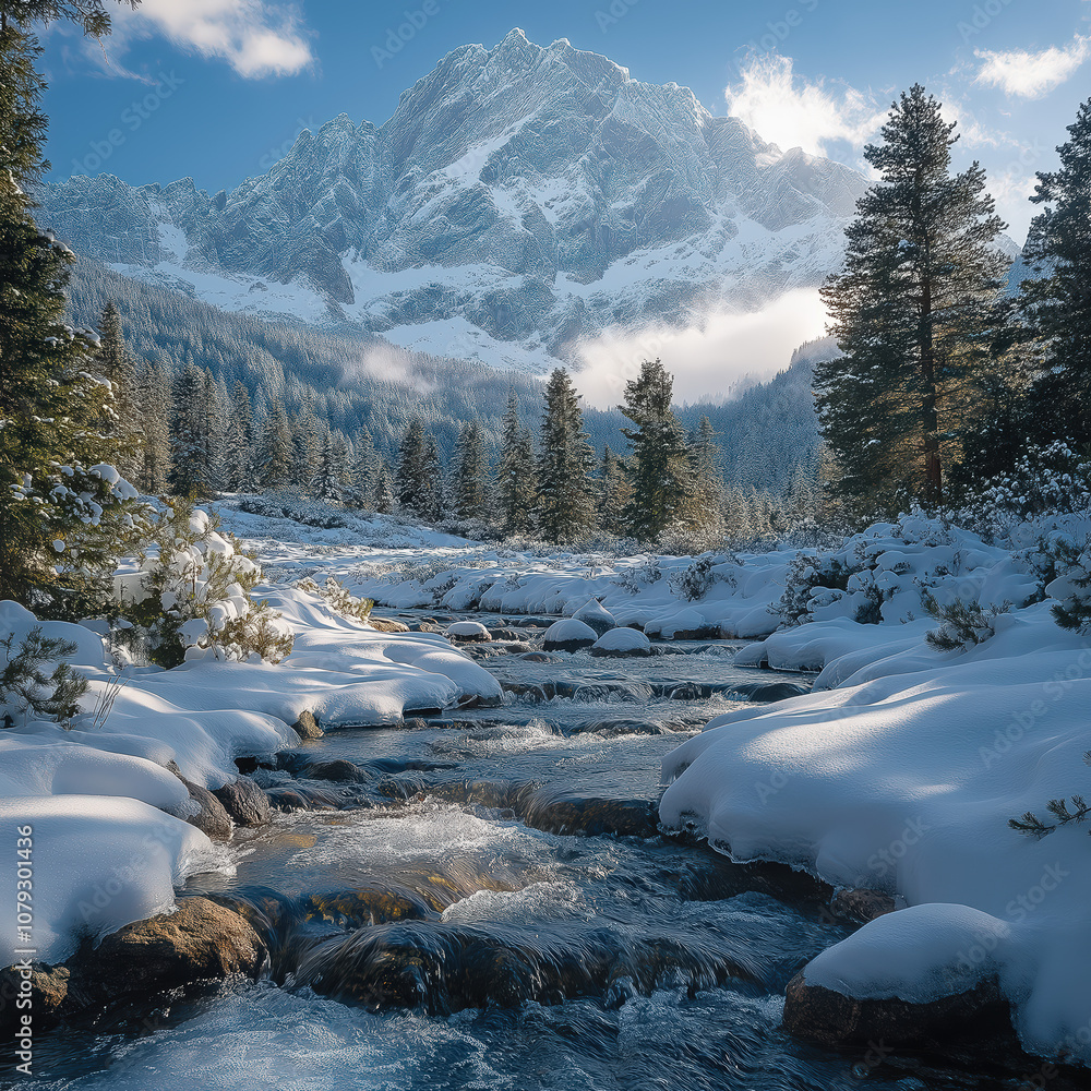A snow-covered mountain landscape in winter, morning sunlight shining through the mist, lush green trees and a beautiful glacier stream, creating a serene and stunning atmosphere A snow-covered mountain landscape in winter, morning sunlight shining through the mist, lush green trees and a beautiful glacier stream, creating a serene and stunning atmosphere