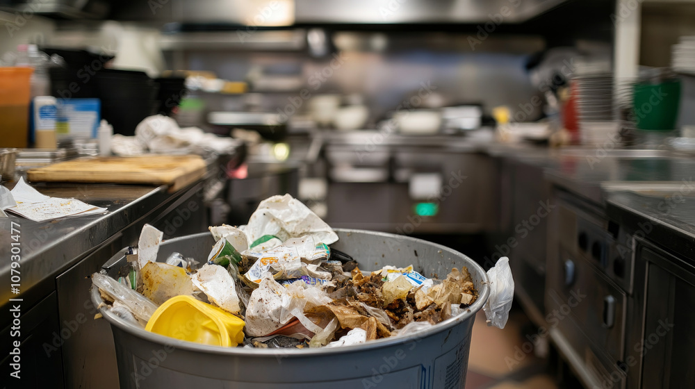 Trash can in a restaurant kitchen overflowing with waste Trash can in a restaurant kitchen overflowing with waste