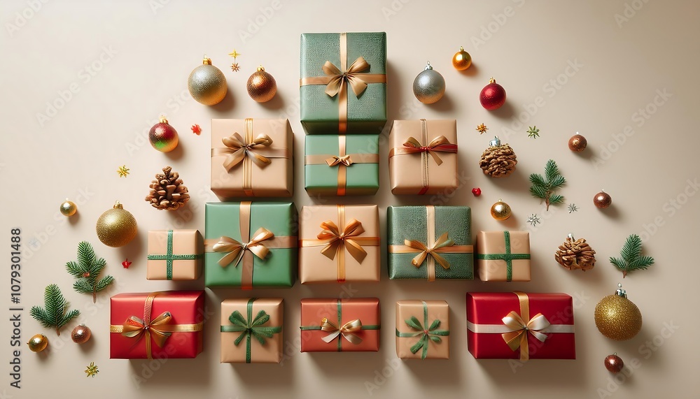 Decorative gift boxes arranged to form a Christmas tree on a neutral backdrop with ornaments and natural accents. Generative AI Decorative gift boxes arranged to form a Christmas tree on a neutral backdrop with ornaments and natural accents. Generative AI