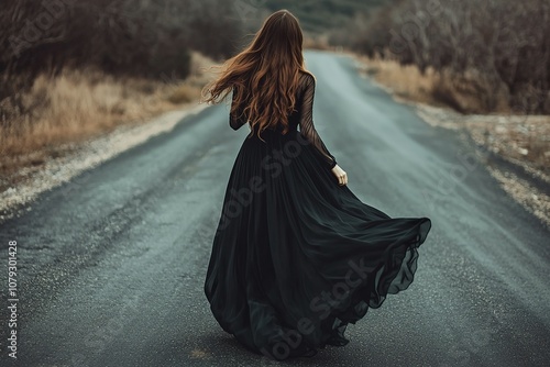 A woman with long brown hair in a black silk dress walking on the road,... photo