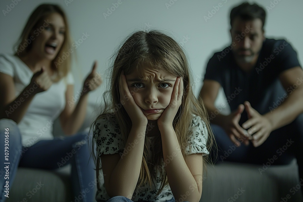 A young girl sits on the sofa with her head in her hands, while her parents... A young girl sits on the sofa with her head in her hands, while her parents...