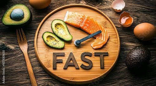 A wooden clock face with food items on it, the word 