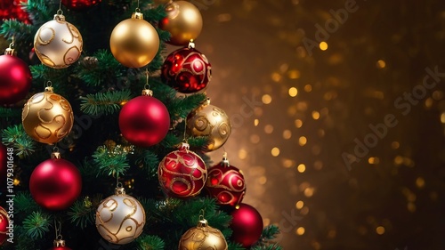 Glowing Christmas tree adorned with red and gold ornaments, sparkling lights creating a festive holiday atmosphere. Perfect for celebrating the Christmas season.