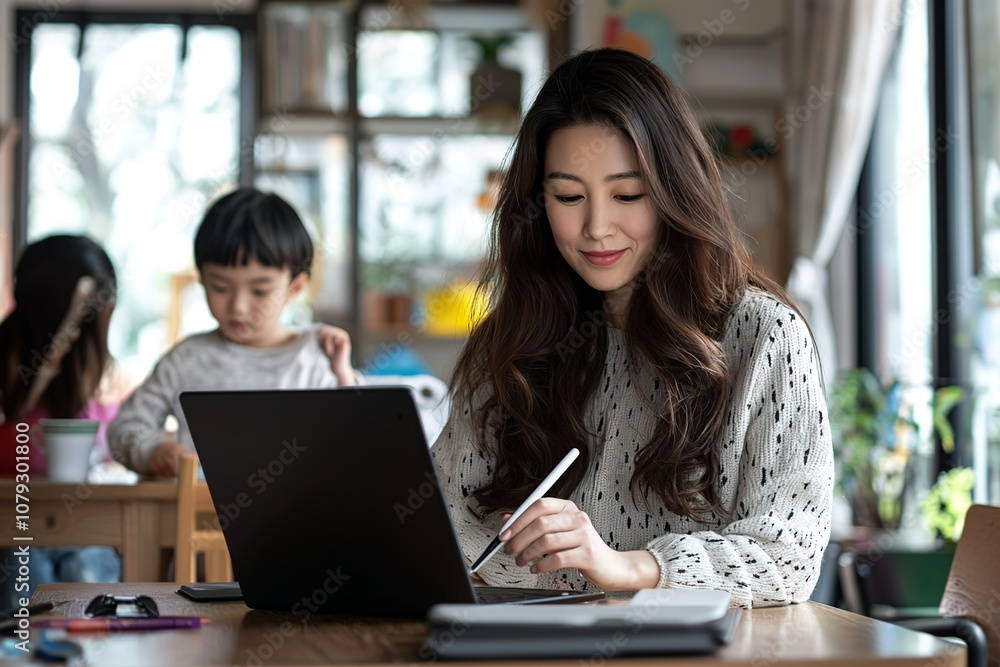 An Asian woman is working on a laptop while sitting at a table with a digital... An Asian woman is working on a laptop while sitting at a table with a digital...