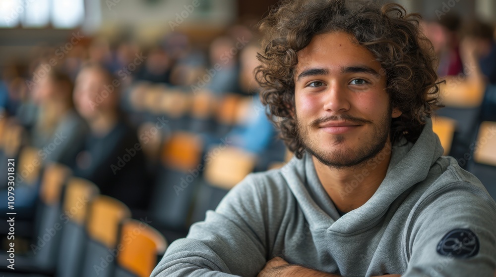 Bright and determined young man, showcasing intelligence and readiness, seated in a university classroom setting Bright and determined young man, showcasing intelligence and readiness, seated in a university classroom setting