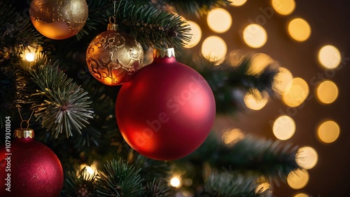 Glowing Christmas tree adorned with red and gold ornaments, sparkling lights creating a festive holiday atmosphere. Perfect for celebrating the Christmas season.