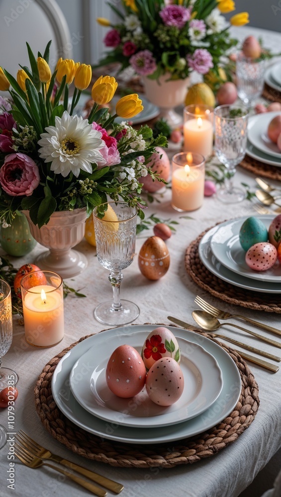Easter family dinner setting with decorated eggs Easter family dinner setting with decorated eggs