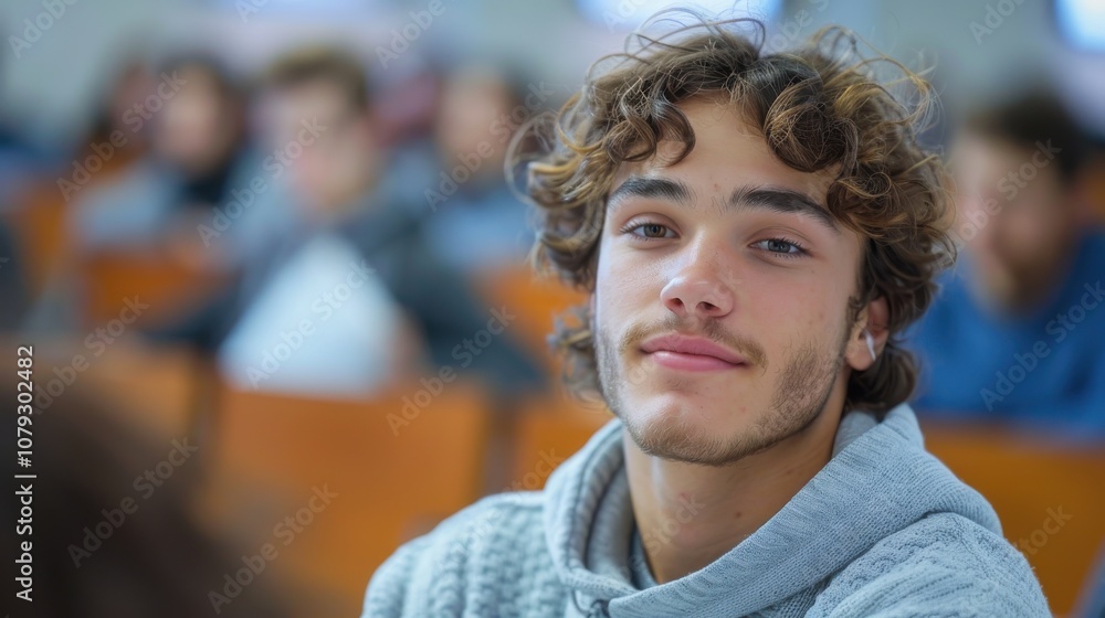 Bright and determined young man, showcasing intelligence and readiness, seated in a university classroom setting Bright and determined young man, showcasing intelligence and readiness, seated in a university classroom setting