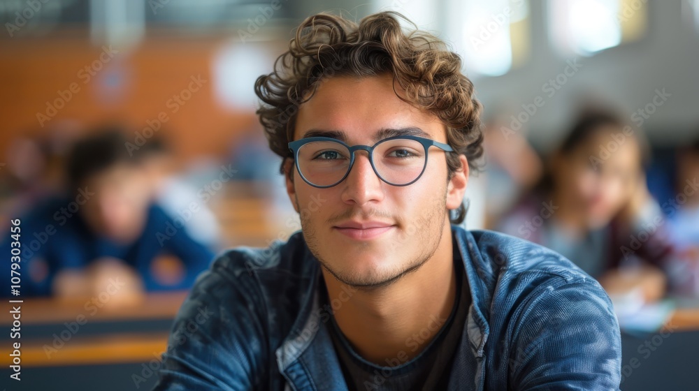 Bright and determined young man, showcasing intelligence and readiness, seated in a university classroom setting Bright and determined young man, showcasing intelligence and readiness, seated in a university classroom setting