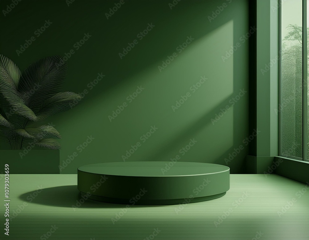 abstract dark green cylinder pedestal podium green empty room shadow of the window rendering 3d shape product display presentation studio room concept minimal wall scene abstract dark green cylinder pedestal podium green empty room shadow of the window rendering 3d shape product display presentation studio room concept minimal wall scene