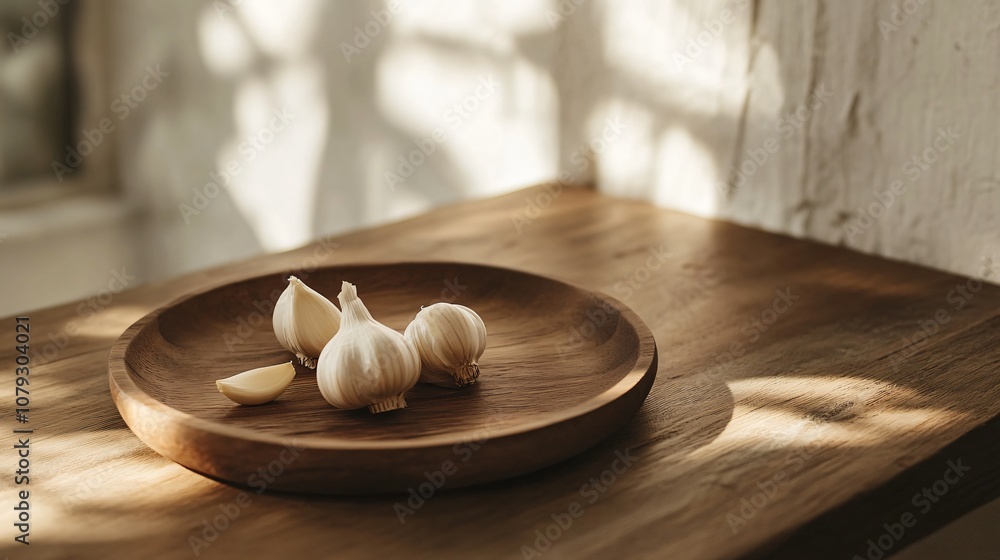 Garlic bulb on a simple wooden plate, isolated with earthy tones and soft vintage kitchen decor Garlic bulb on a simple wooden plate, isolated with earthy tones and soft vintage kitchen decor