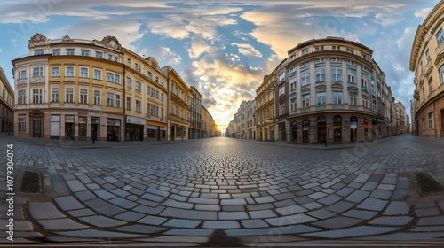 This image depicts a picturesque street scene in what appears to be a European city, featuring elegant, classical architecture on either side of a cobblestone street