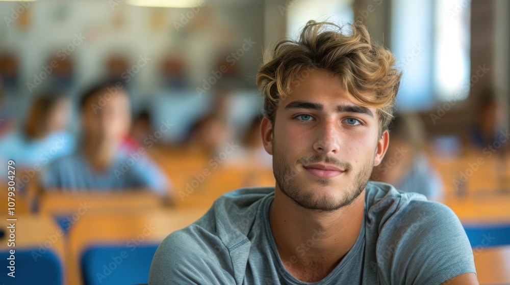 Bright and determined young man, showcasing intelligence and readiness, seated in a university classroom setting Bright and determined young man, showcasing intelligence and readiness, seated in a university classroom setting