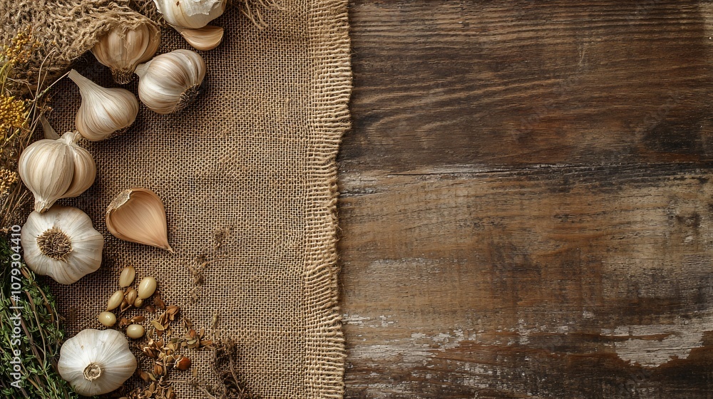 Garlic bulbs arranged on a burlap cloth, with scattered cloves, dried herbs, and a rustic wooden background Garlic bulbs arranged on a burlap cloth, with scattered cloves, dried herbs, and a rustic wooden background