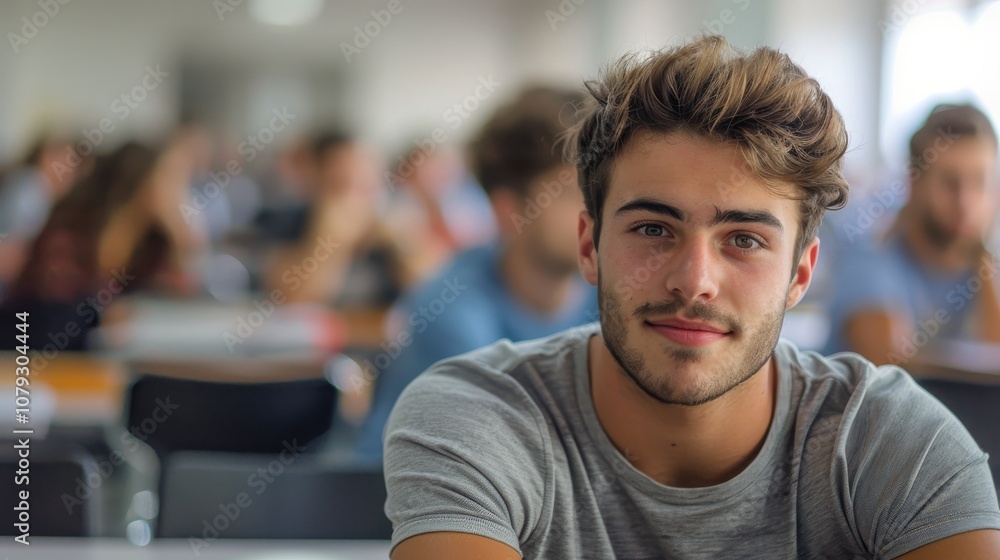 Bright and determined young man, showcasing intelligence and readiness, seated in a university classroom setting Bright and determined young man, showcasing intelligence and readiness, seated in a university classroom setting