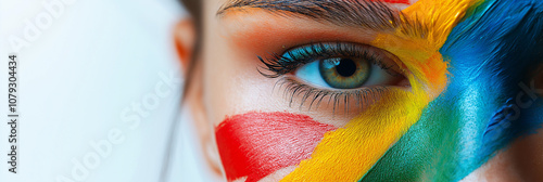 Vibrant eye with colorful paint strokes in creative makeup art
