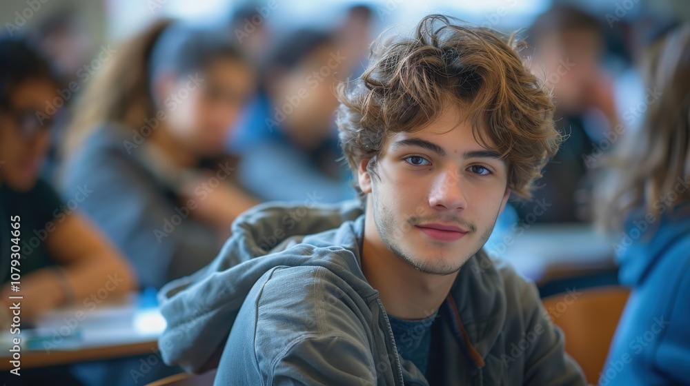 Bright and determined young man, showcasing intelligence and readiness, seated in a university classroom setting Bright and determined young man, showcasing intelligence and readiness, seated in a university classroom setting