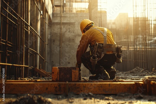 A construction worker is kneeling down in front of a brick box