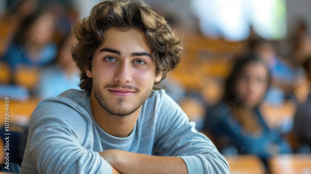 Bright and determined young man, showcasing intelligence and readiness, seated in a university classroom setting Bright and determined young man, showcasing intelligence and readiness, seated in a university classroom setting