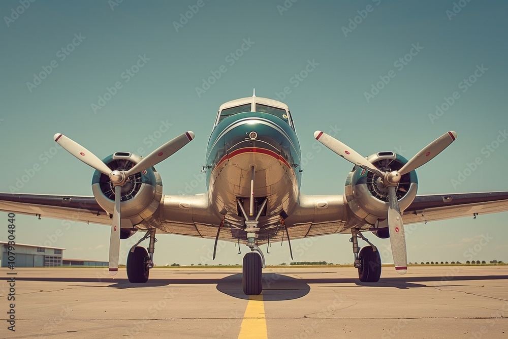 Fototapeta premium An iconic vintage aircraft parked on an airstrip under a clear blue sky, showcasing its elegant design and powerful engines, ready for a journey through the clouds