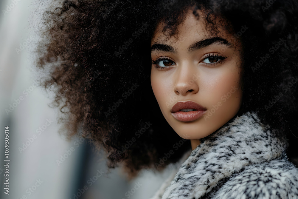 Fashion model with voluminous hair, posing with elegance Fashion model with voluminous hair, posing with elegance