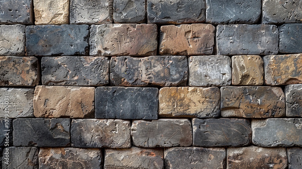 Fototapeta premium Weathered brick wall, rustic earthy tones, aged industrial texture, bold and rugged design, high-resolution pattern, artisan architectural element