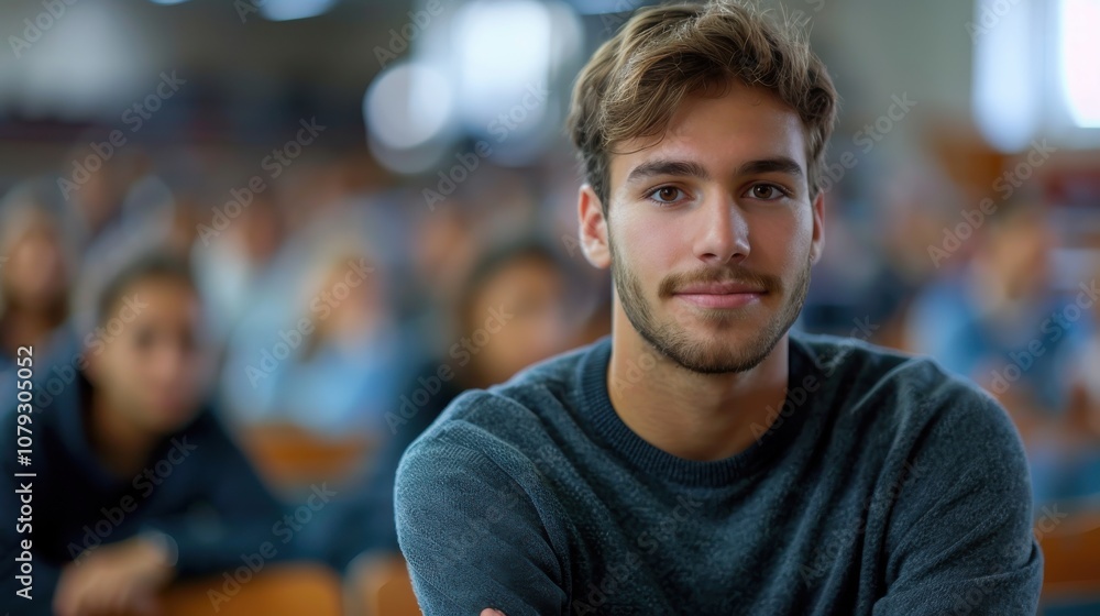 Bright and determined young man, showcasing intelligence and readiness, seated in a university classroom setting Bright and determined young man, showcasing intelligence and readiness, seated in a university classroom setting