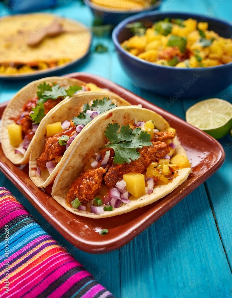 A Lifestyle-Inspired Spread of Freshly Made Tacos Al Pastor with Grilled Pork, Pineapple, and Cilantro, Set on a Vibrant Mexican Street Food Stall Display A Lifestyle-Inspired Spread of Freshly Made Tacos Al Pastor with Grilled Pork, Pineapple, and Cilantro, Set on a Vibrant Mexican Street Food Stall Display