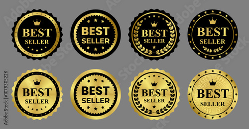 Set of gold stickers, template, label. Round shiny luxury premium vip metalic emblem Best Seller. Award, medal with crown, laurel branch, wreath. Isolated element on black background EPS10 Vector