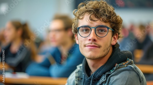 Bright and determined young man, showcasing intelligence and readiness, seated in a university classroom setting