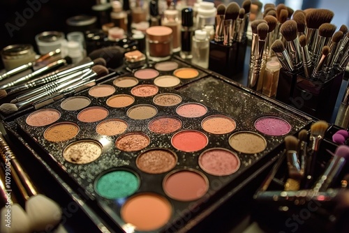 A makeup palette with many different colors is displayed on a table photo