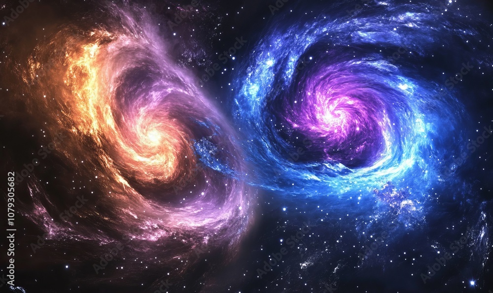 A mesmerizing cosmic landscape, featuring three swirling nebulae with vibrant hues of purple, blue, and pink, scattered with sparkling stars against a dark backdrop A mesmerizing cosmic landscape, featuring three swirling nebulae with vibrant hues of purple, blue, and pink, scattered with sparkling stars against a dark backdrop