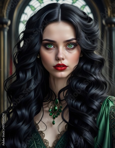 Portrait of a beautiful Girl with long wavy black hair, green eyes red lipstick, dark, gothic, art nouveau
