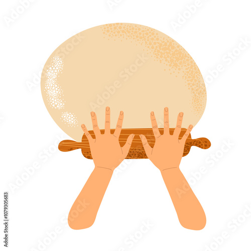 Human hands roll out dough with manual rolling pin. Wooden rolling pin for baking, pizza, cookies. Vector illustration isolated on white background. Bakery process Kitchenware, cooking utensil.