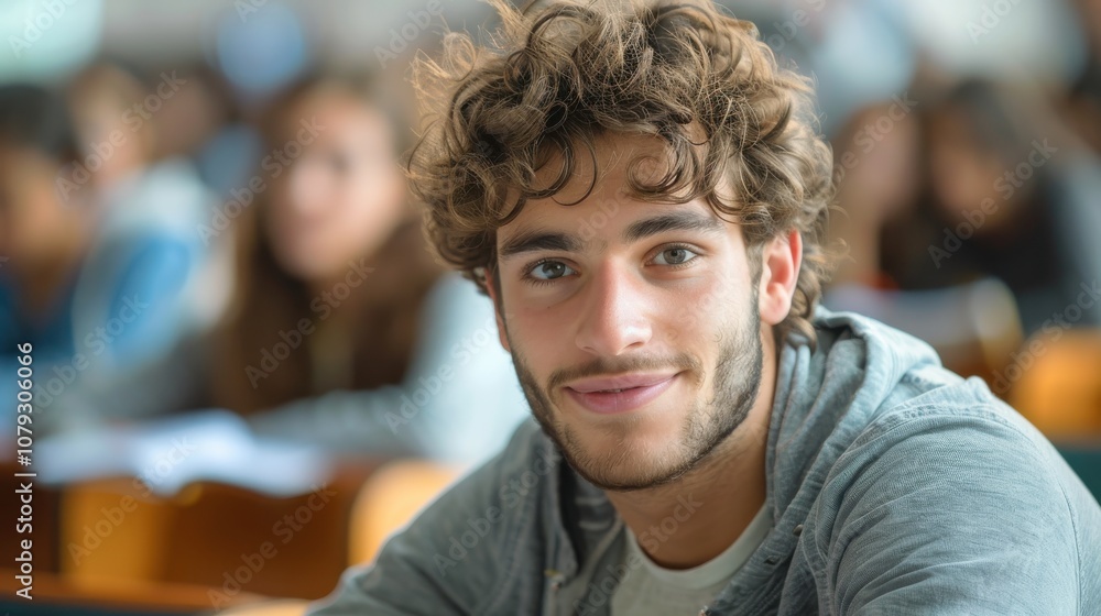 Bright and determined young man, showcasing intelligence and readiness, seated in a university classroom setting Bright and determined young man, showcasing intelligence and readiness, seated in a university classroom setting