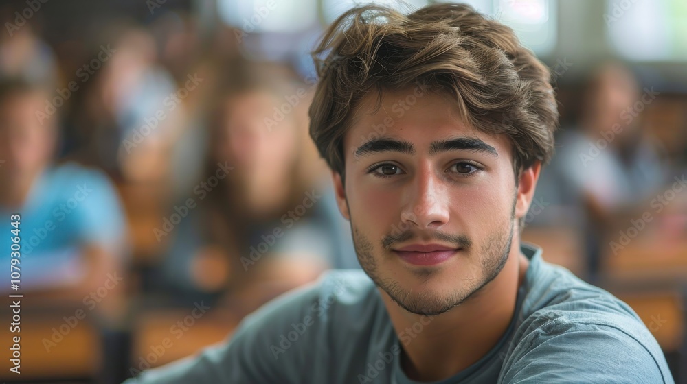 Bright and determined young man, showcasing intelligence and readiness, seated in a university classroom setting Bright and determined young man, showcasing intelligence and readiness, seated in a university classroom setting