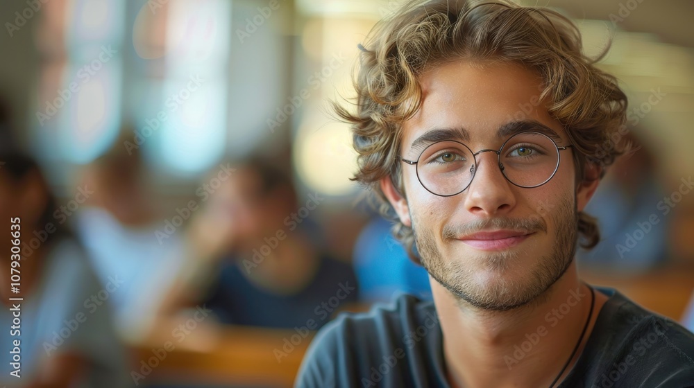 Bright and determined young man, showcasing intelligence and readiness, seated in a university classroom setting Bright and determined young man, showcasing intelligence and readiness, seated in a university classroom setting