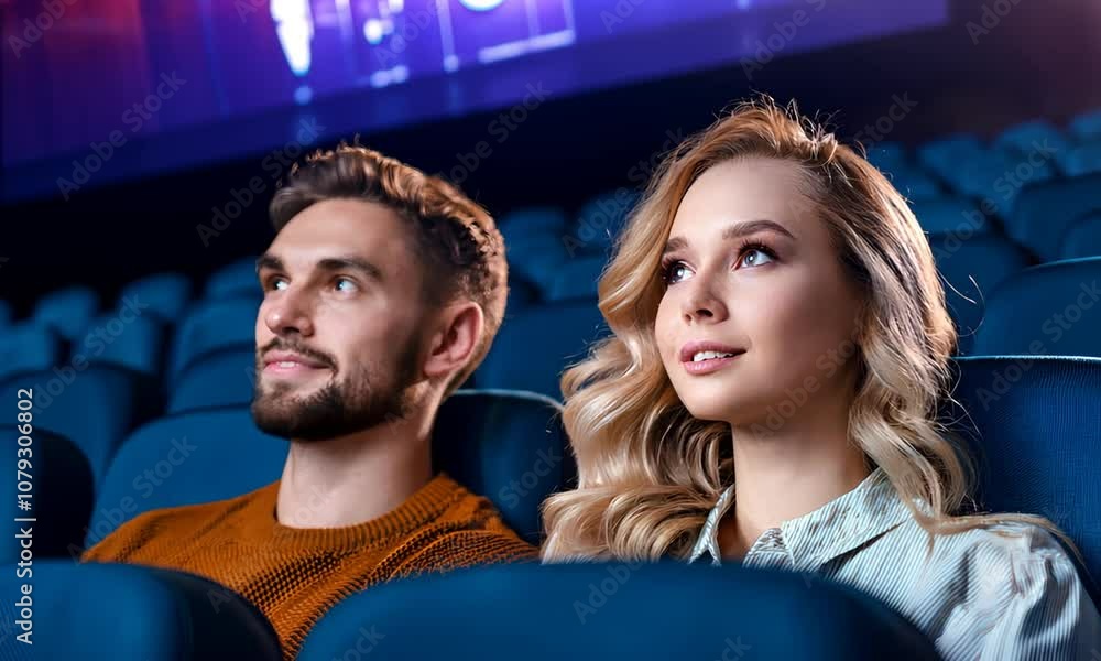 A couple in love are sitting on chairs at a cinema. A girl and a guy are watching a movie in a cinema. A couple in love are sitting on chairs at a cinema. A girl and a guy are watching a movie in a cinema.