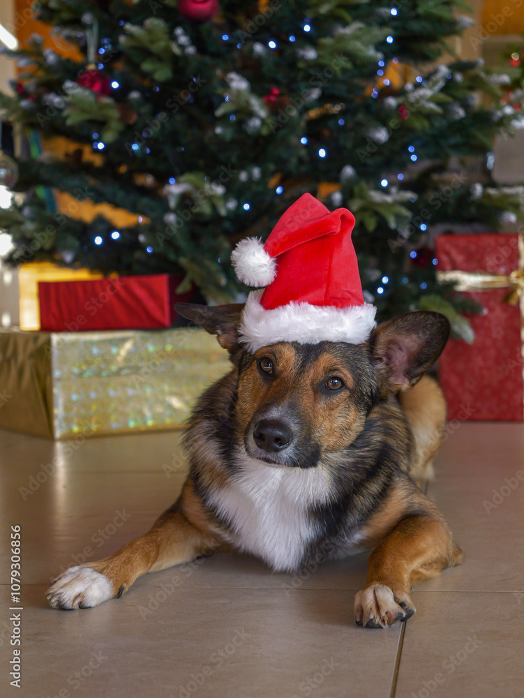 PORTRAIT: Santa dog is ready to play while lying next to a sparkling Christmas tree. Cute shepherd dog in a red hat with a white beanie waits to relax after a hard time posing for a holiday card. PORTRAIT: Santa dog is ready to play while lying next to a sparkling Christmas tree. Cute shepherd dog in a red hat with a white beanie waits to relax after a hard time posing for a holiday card.